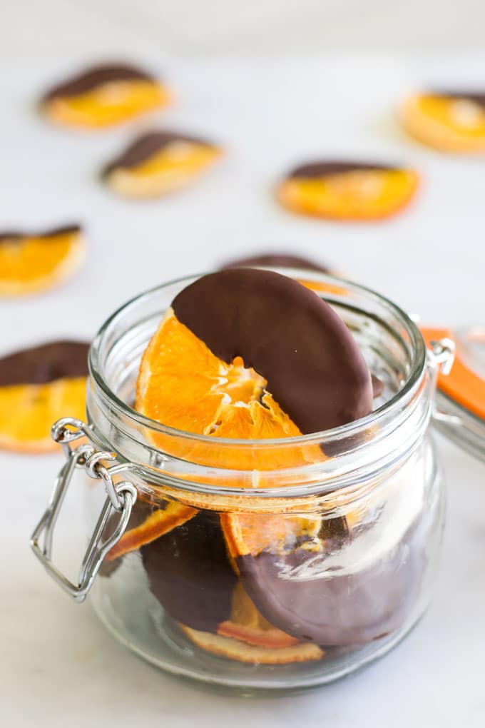 Chocolate Dipped Dried Oranges in Glass Jar