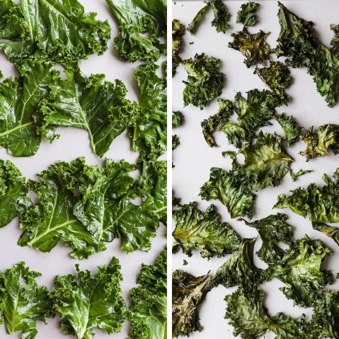 Kale Chips Before and After Baking