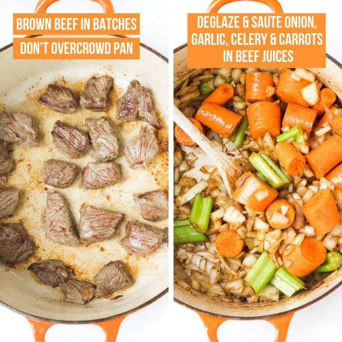 Beef Stew Process Steps - Browning Beef in Pan & Sautéing Vegetables in Pan 