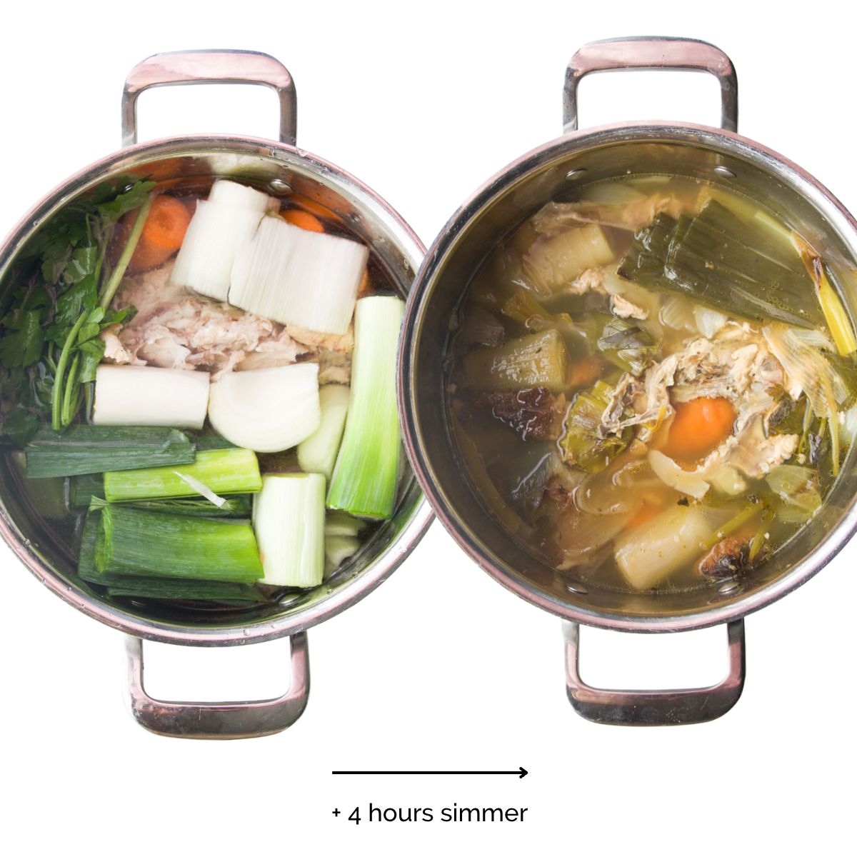 Two Pots, One with Chicken Stock Ingredients Before Simmering and One After SImmering.