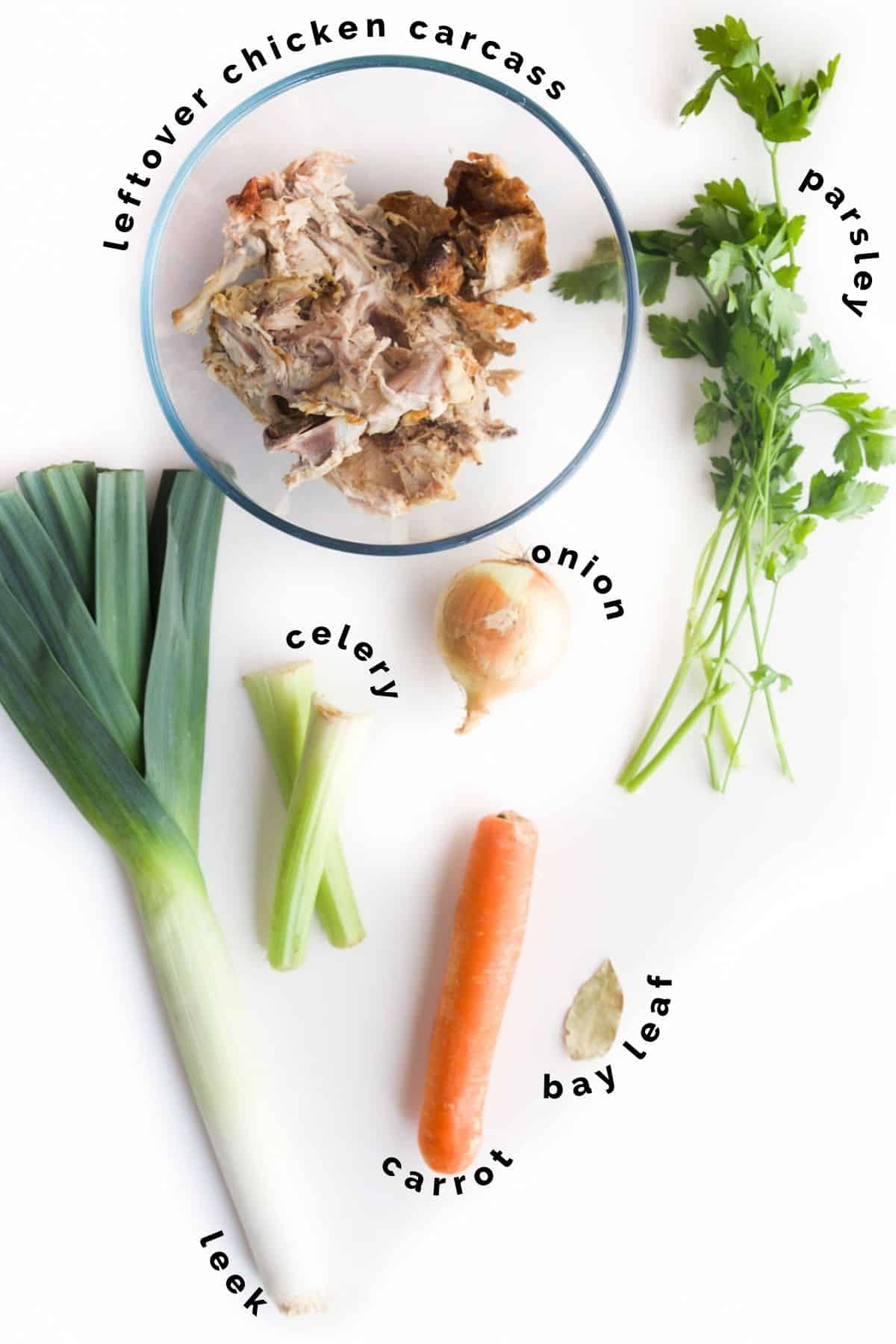 Flat Lay of Ingredients Needed to Make Baby Chicken Stock. 