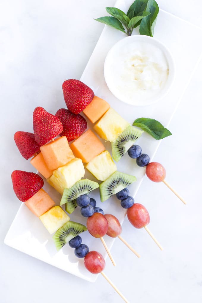 Rainbow Fruit kebabs with a Yoghurt Dip