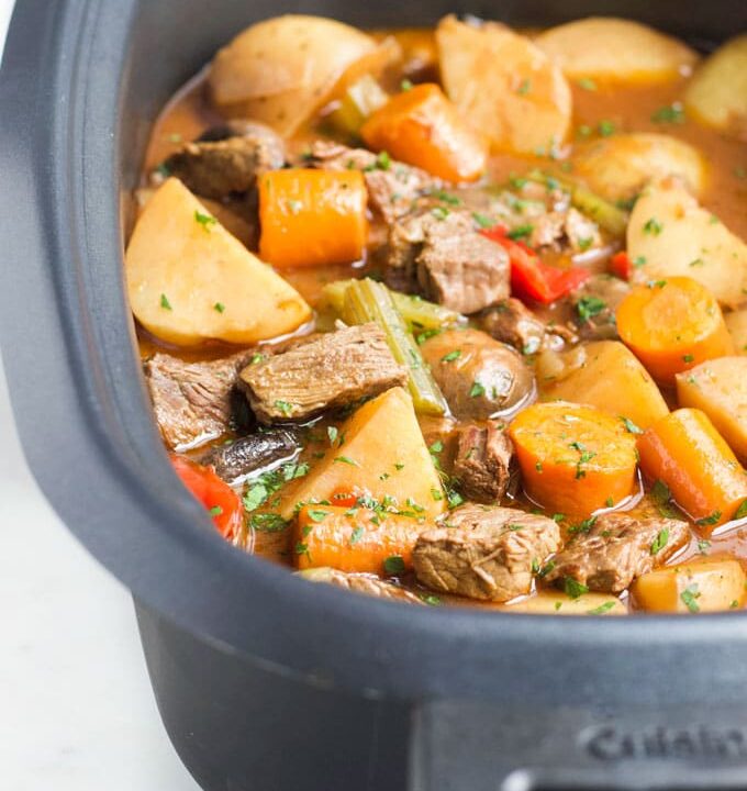 Cooked Slow Cooker Beef Stew in Slow Cooker