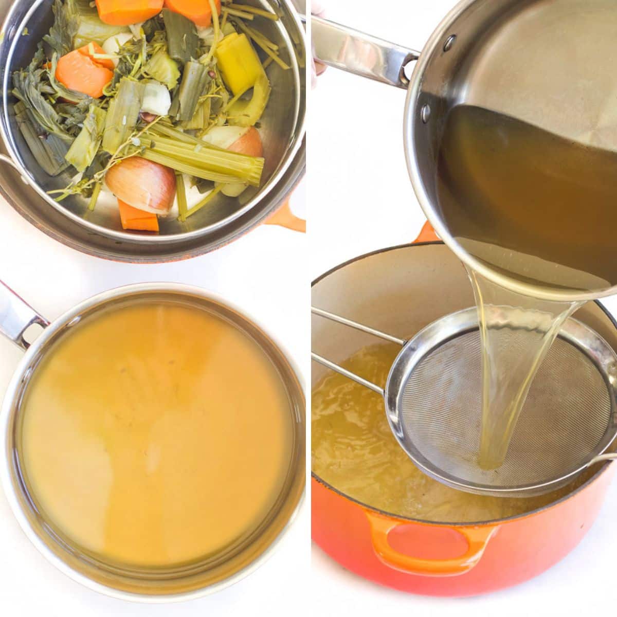 Collage of Two Images Showing How to Strain Vegetable Stock. First Images Shows Removing Large Vegetable Pieces Through Colander. Second Image Shows Liquid Then Passed Through Fine Mesh Sieve.