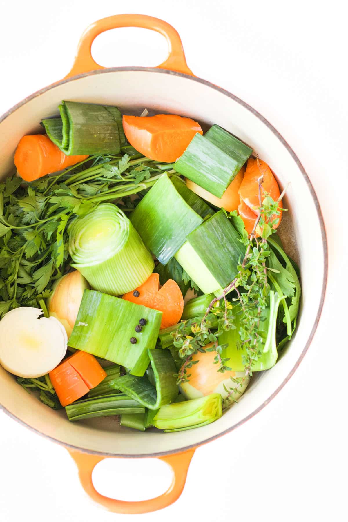 Ingredients For Vegetable Stock, Before Cooking, In Pot.