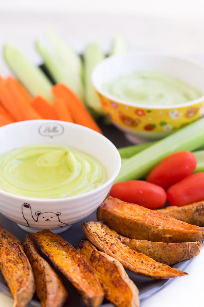 Avocado Dip in Bowl with Veggies on Side