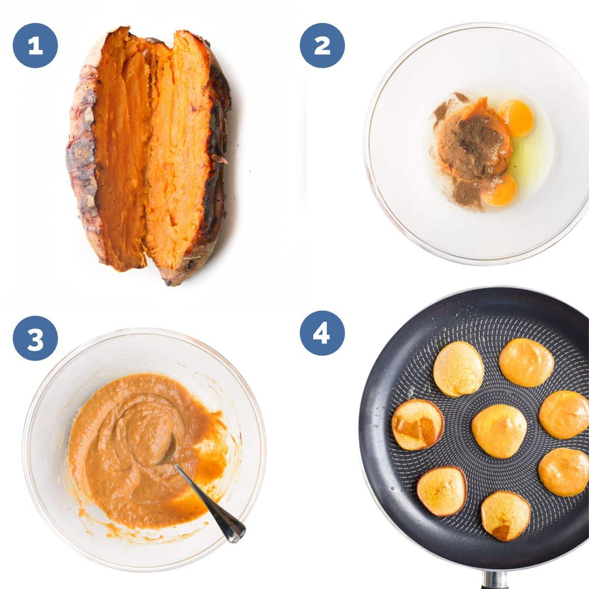 Collage of 4 Images Showing How to Make Sweet Potato & Egg Pancakes.