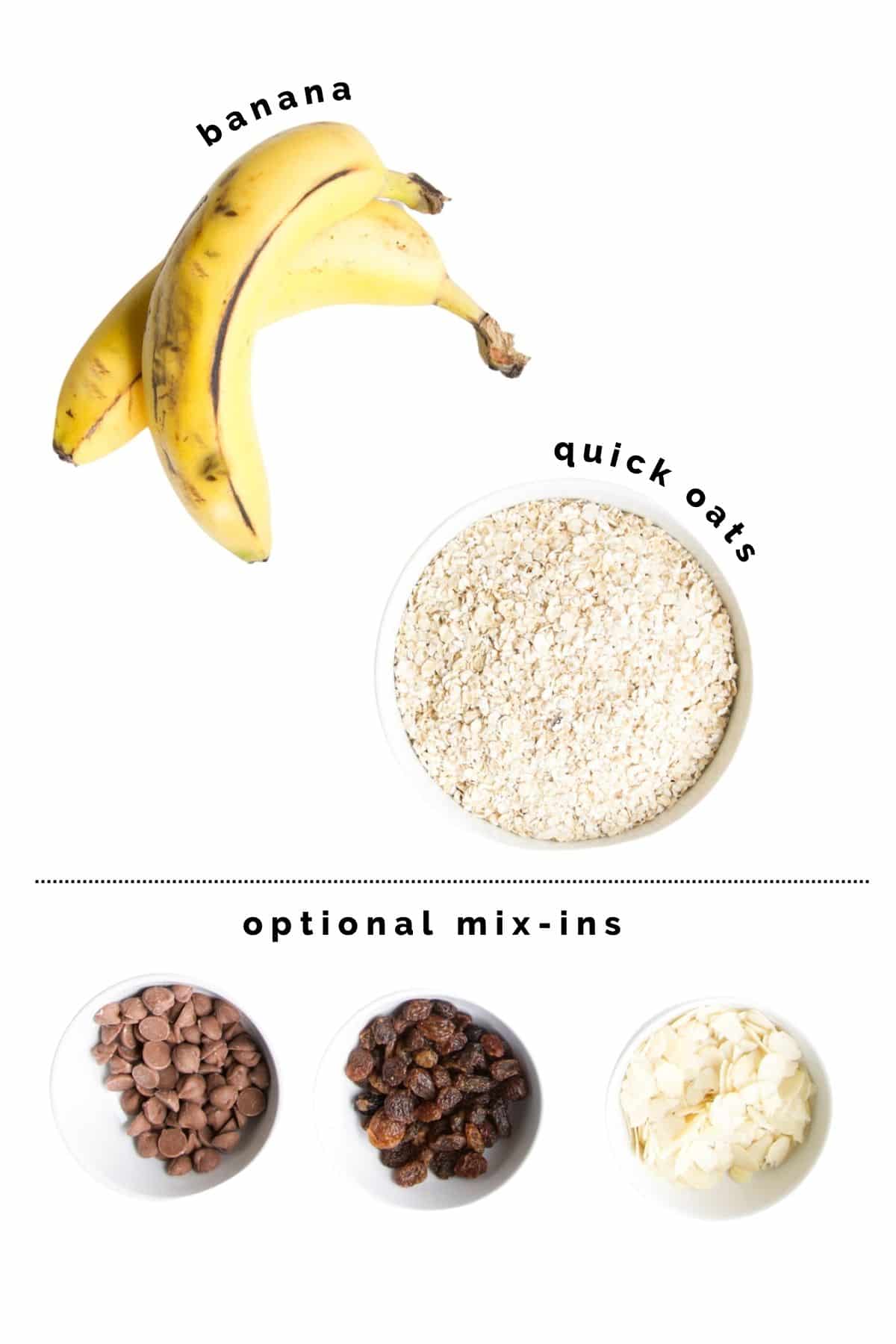 Ingredient Needed to Make Banana Oat Cookies with Optional Mix In Suggestions.