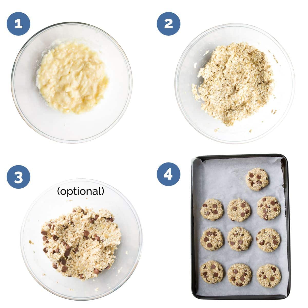 Collage of 4 Images Showing How to Make Banana Oatmeal Cookies. 1 Mashed Banana in Bowl 2 Mashed Banana Mixed with Oats 3 Optional Choc Chips Mixed In 4 Cookies formed on Baking Sheet.