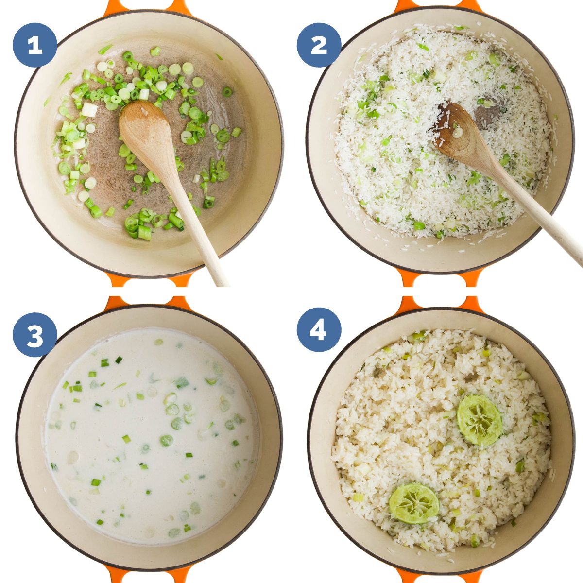 Collage of 4 Images Showing How to Make Coconut Rice. Pan 1- Sauted Spring Onion, Pan 2 - Jasmine Rice Added to Pan, Pan 3 - Coconut Milk and Stock Added to Pan, Pan 4 - Rice Cooked and Lime Squeezed in.
