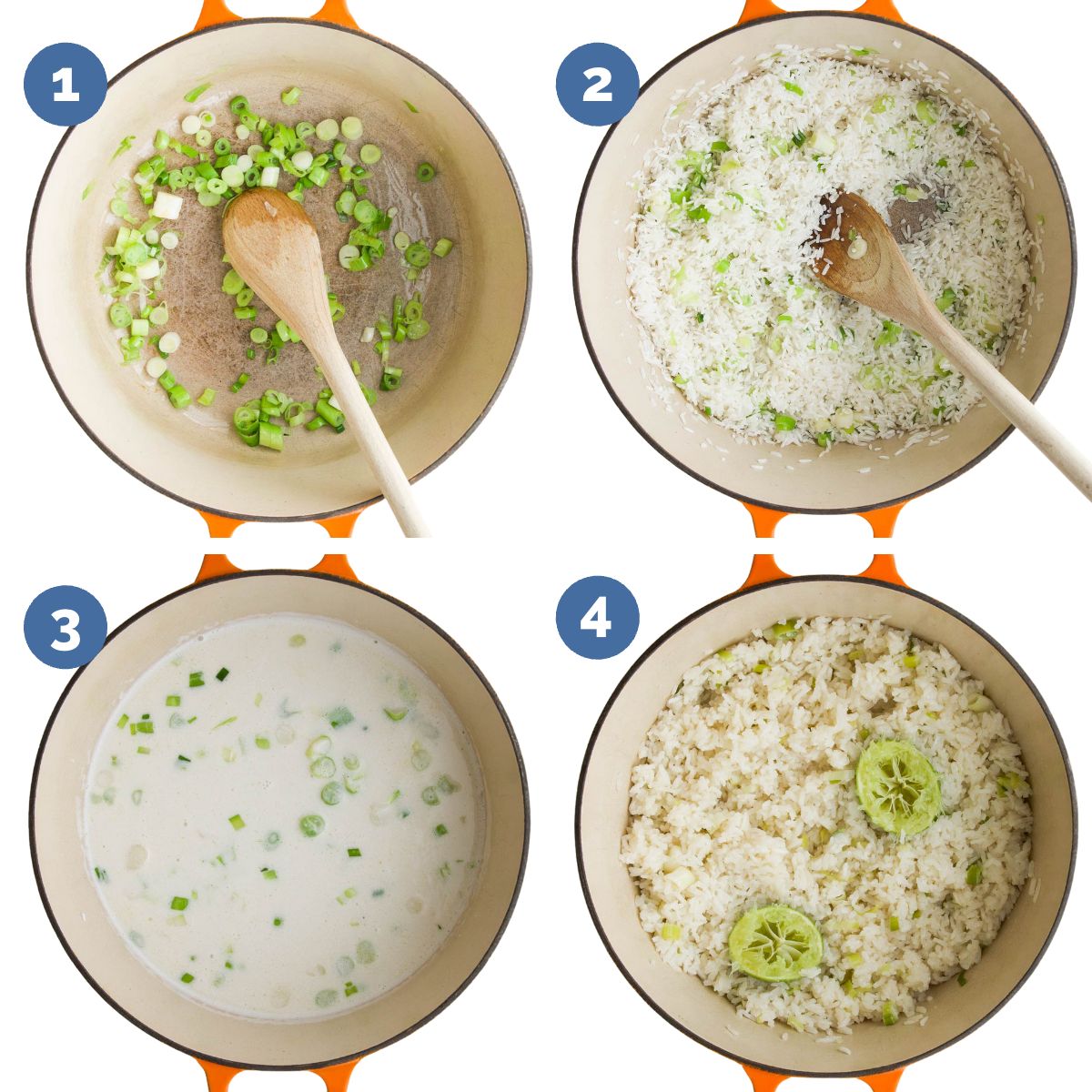 Collage of 4 Images Showing How to Make Coconut Rice. Pan 1- Sauted Spring Onion, Pan 2 - Jasmine Rice Added to Pan, Pan 3 - Coconut Milk and Stock Added to Pan, Pan 4 - Rice Cooked and Lime Squeezed in. 