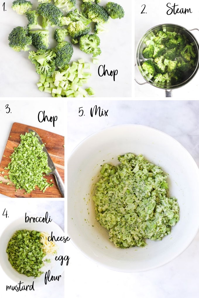 5 Process Steps for Making Broccoli Fritters (Steam, chop, mix)