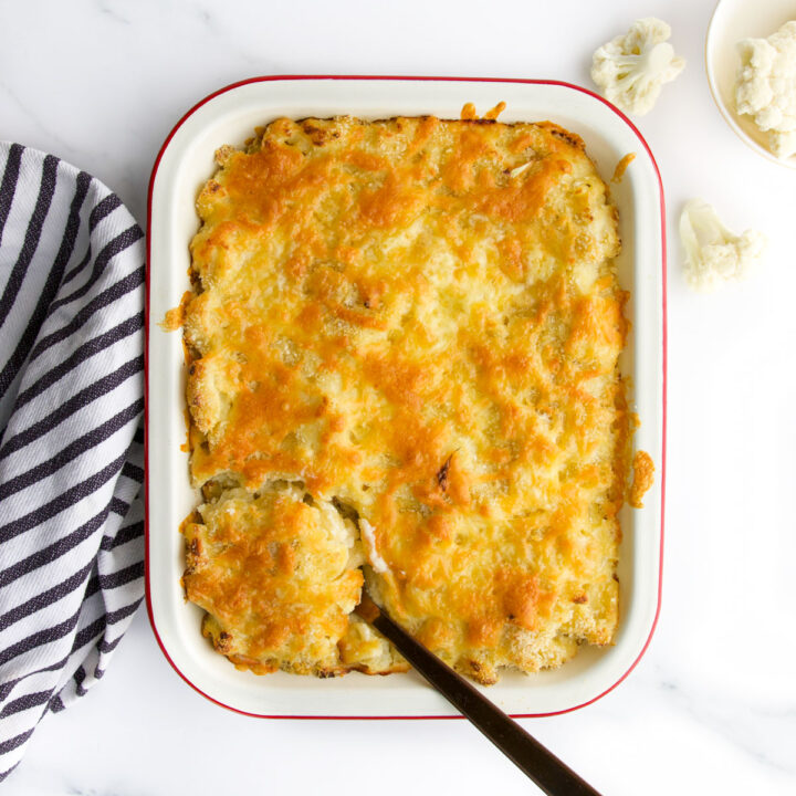 Cauliflower Mac and Cheese Baked in Dish.