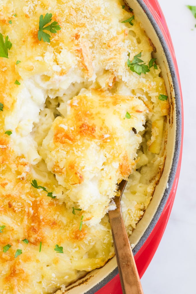 Baked Cauliflower Mac and Cheese in Dish