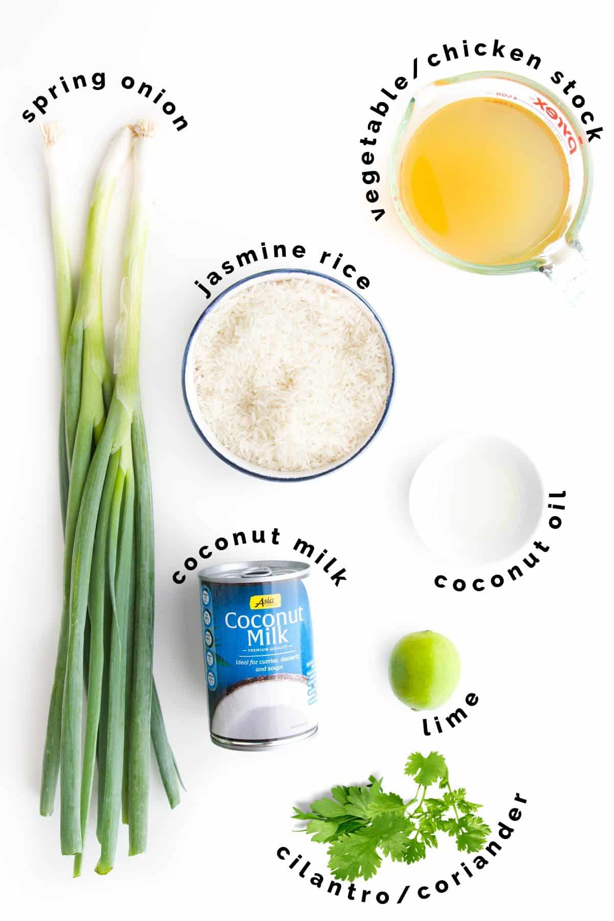 Ingredients Needed to Make Coconut Lime Rice (Labelled).