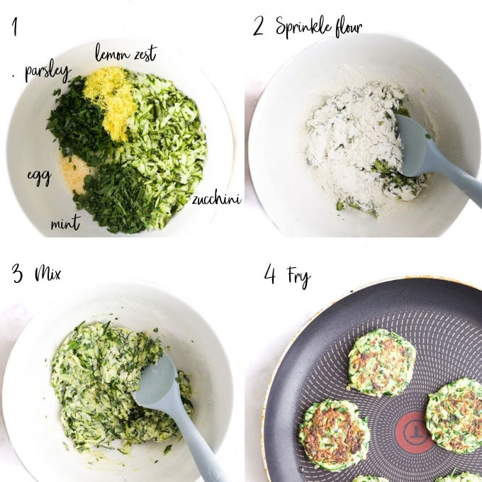 Zucchini Fritter Batter in Bowl Before and After Mixing. Zucchini Fritters in Pan