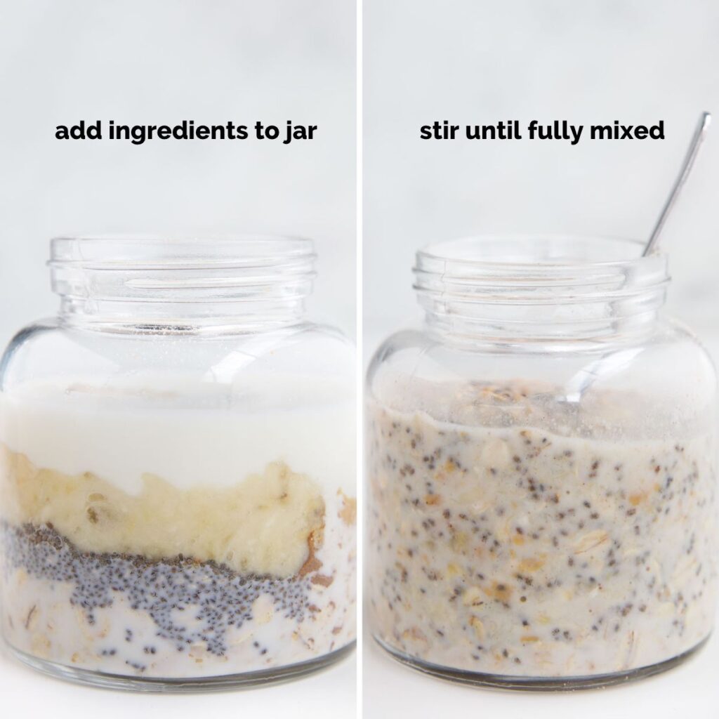 Two Jars of Banana Overnight Oats Side by Side. One with Ingredients Before Mixing and the Second with Ingredients Mixed.
