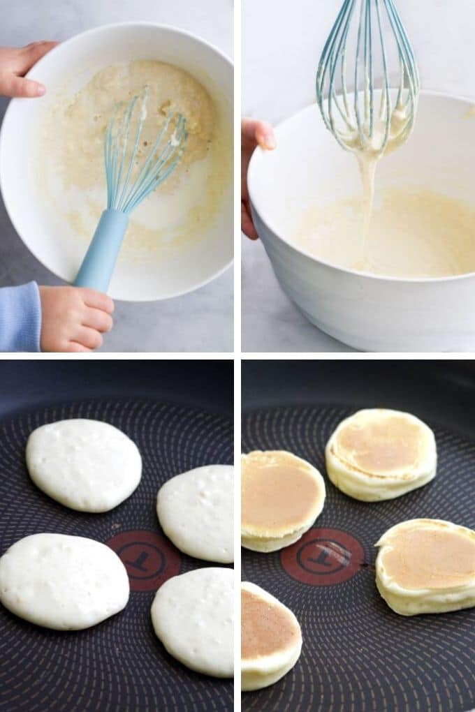4 Image Collage 1) Mixing Batter 2) Batter Consistency 3) Pancakes in Pan Before Flipping 4) Pancakes after Flipping 