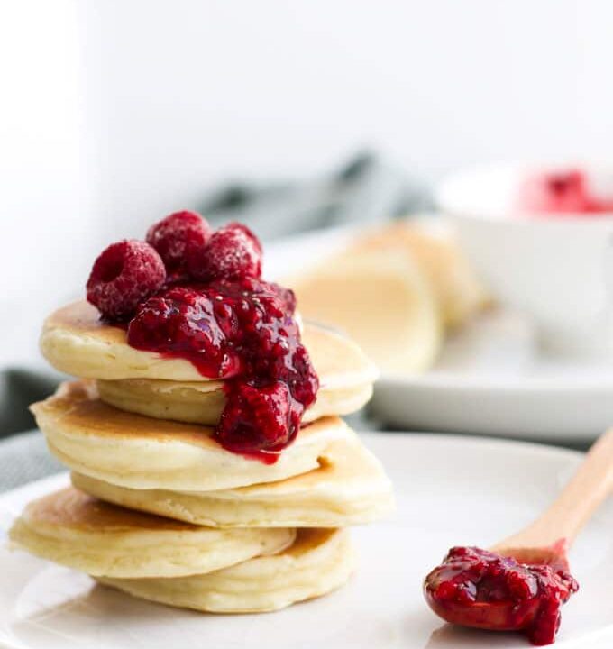 Stack of 6 Scotch Pancakes Topped with Fruit Compote
