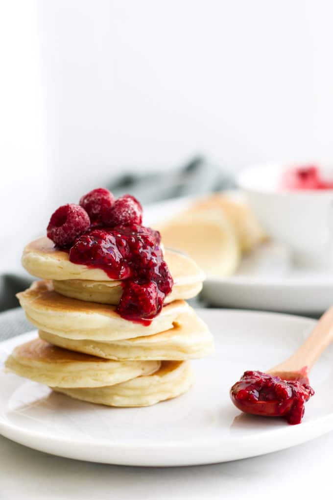 Stack of 6 Scotch Pancakes Topped with Fruit Compote