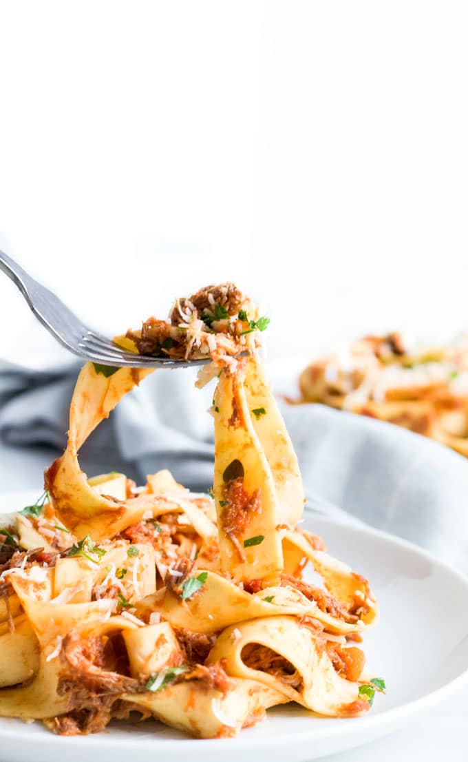 Side shot of Slow Cooker Beef Ragu with Papperdelle