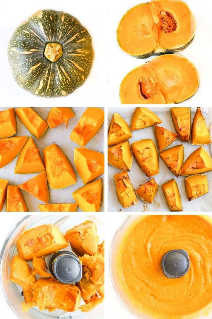 How To Make Pumpkin Puree Collage of 6 Process Steps