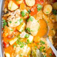 Top Down, close up view of Cooked Chicken Casserole in Slow Cooker