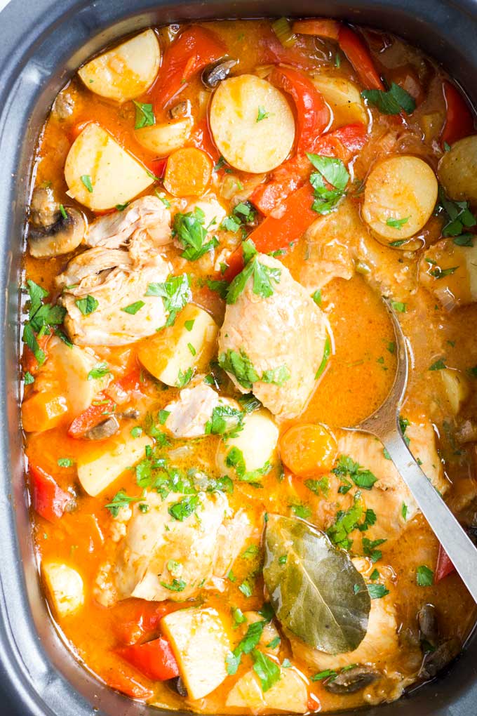 Top Down, close up view of Cooked Chicken Casserole in Slow Cooker