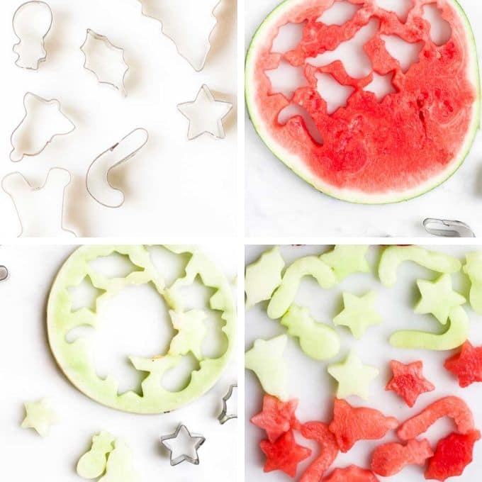 Melon Slices Being Cut with Christmas Cookie Cutters