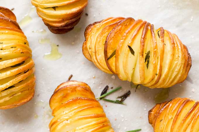 Top Down View of Hasselback Potatoes Cooked on Backing Tray