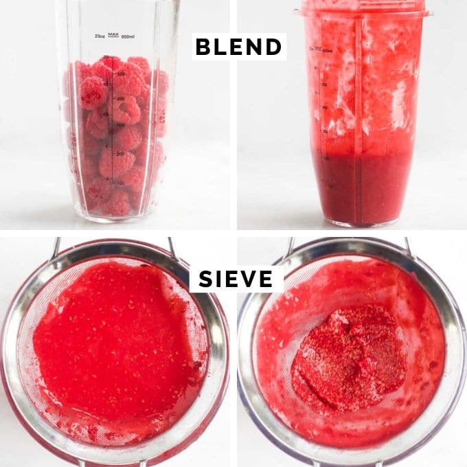 Fresh Raspberries Before and After Blending. Then Pushed Through a Fine Mesh Strainer