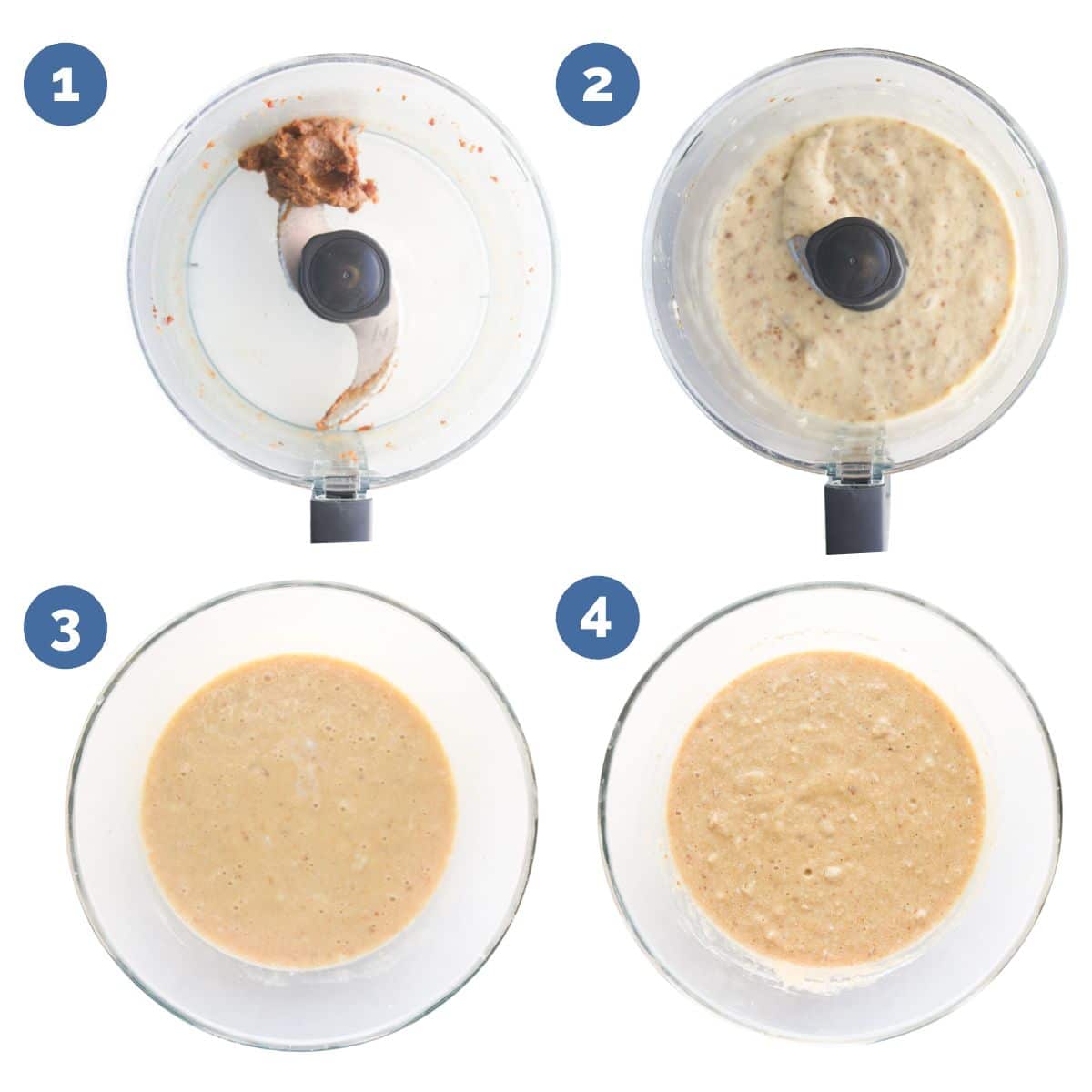 Collage of 4 Images Showing How to Make the Batter for a Healthy Smash Cake. 1) Blend Dates in Food Processor 2) Add and Blend Bananas 3) Wet Ingredients in Bowl 4) Wet and Dry Ingredients Combined in Bowl.