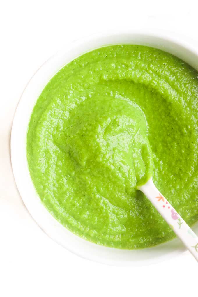 Pea Puree in Bowl with Spoon