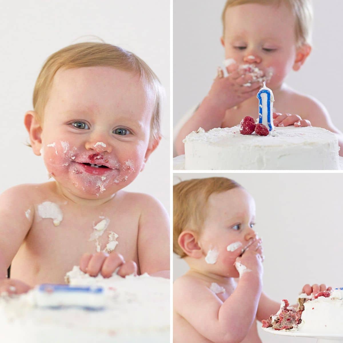 Collage of 3 Images Showing Baby Eating Healthy Smash Cake on First Birthday.