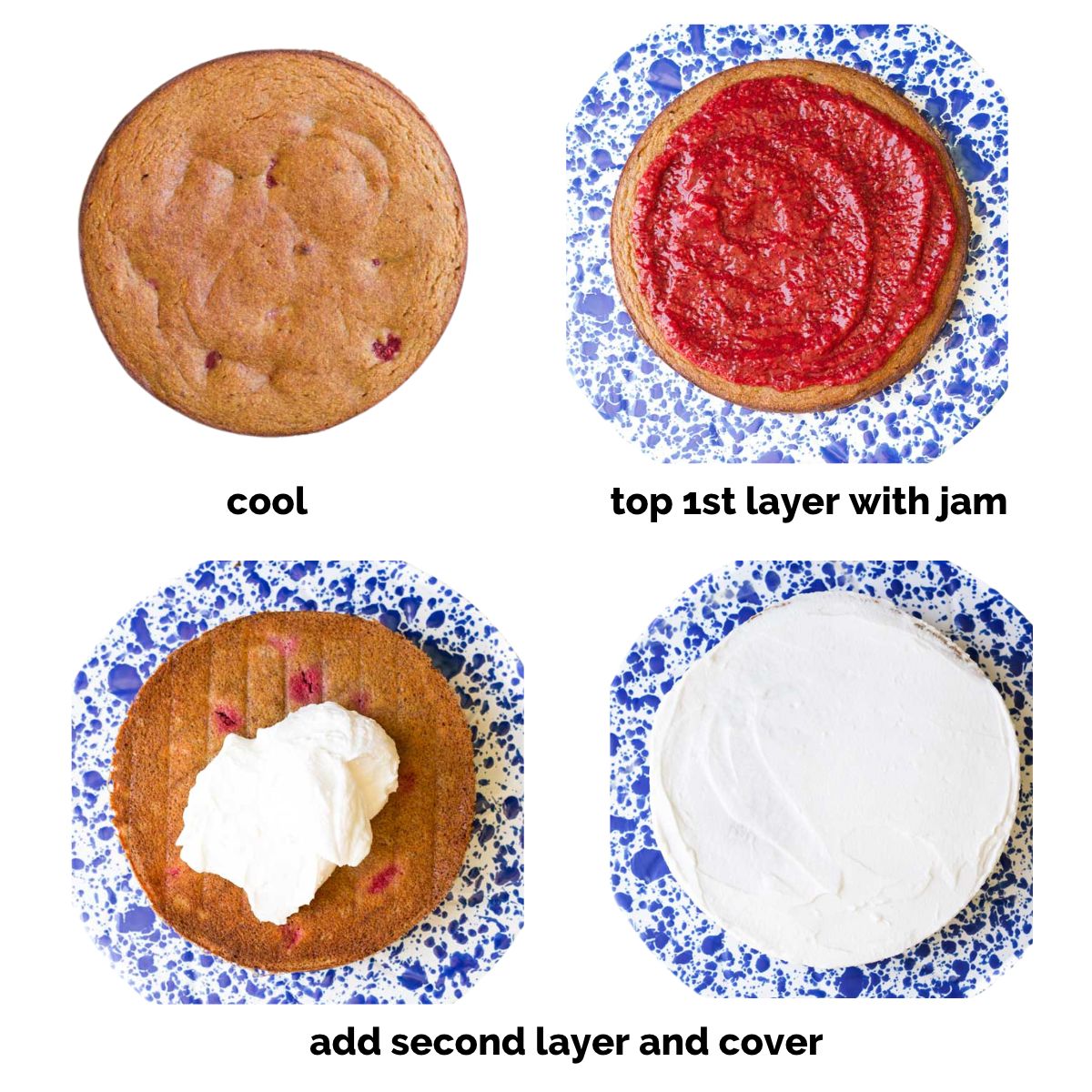 Collage of 4 Images Showing How to Assemble Cake. 1)Cake Cooling 2)Jam Layer Added 3)Top Cake Added 4)Covered in Coconut Cream.