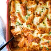 Close up of Baked Chicken Veg Pasta Bake with Spoonful Removed.