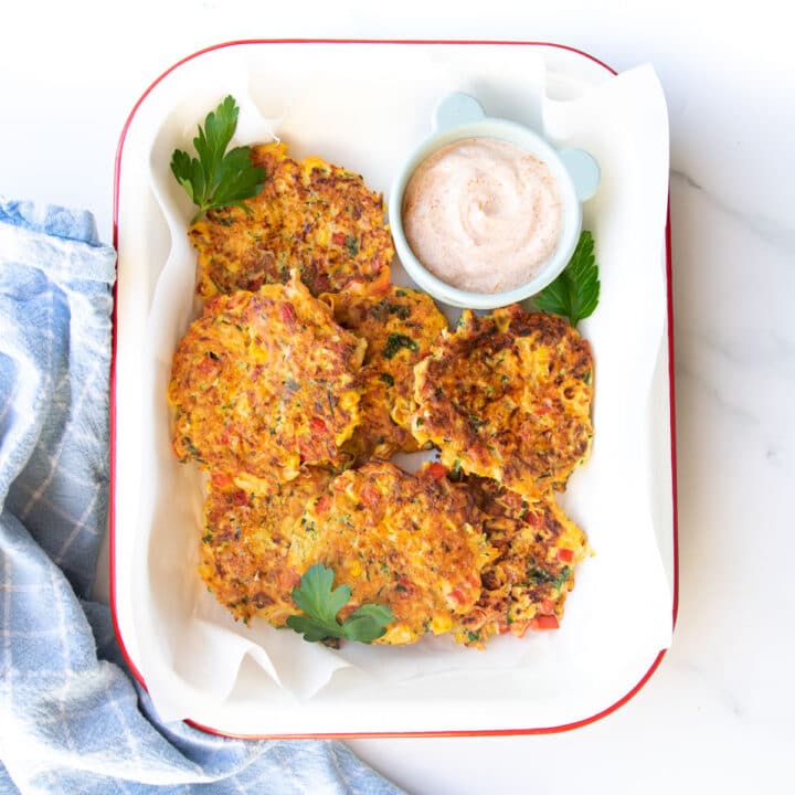 Vegetable Fritters in Dish with Dip.