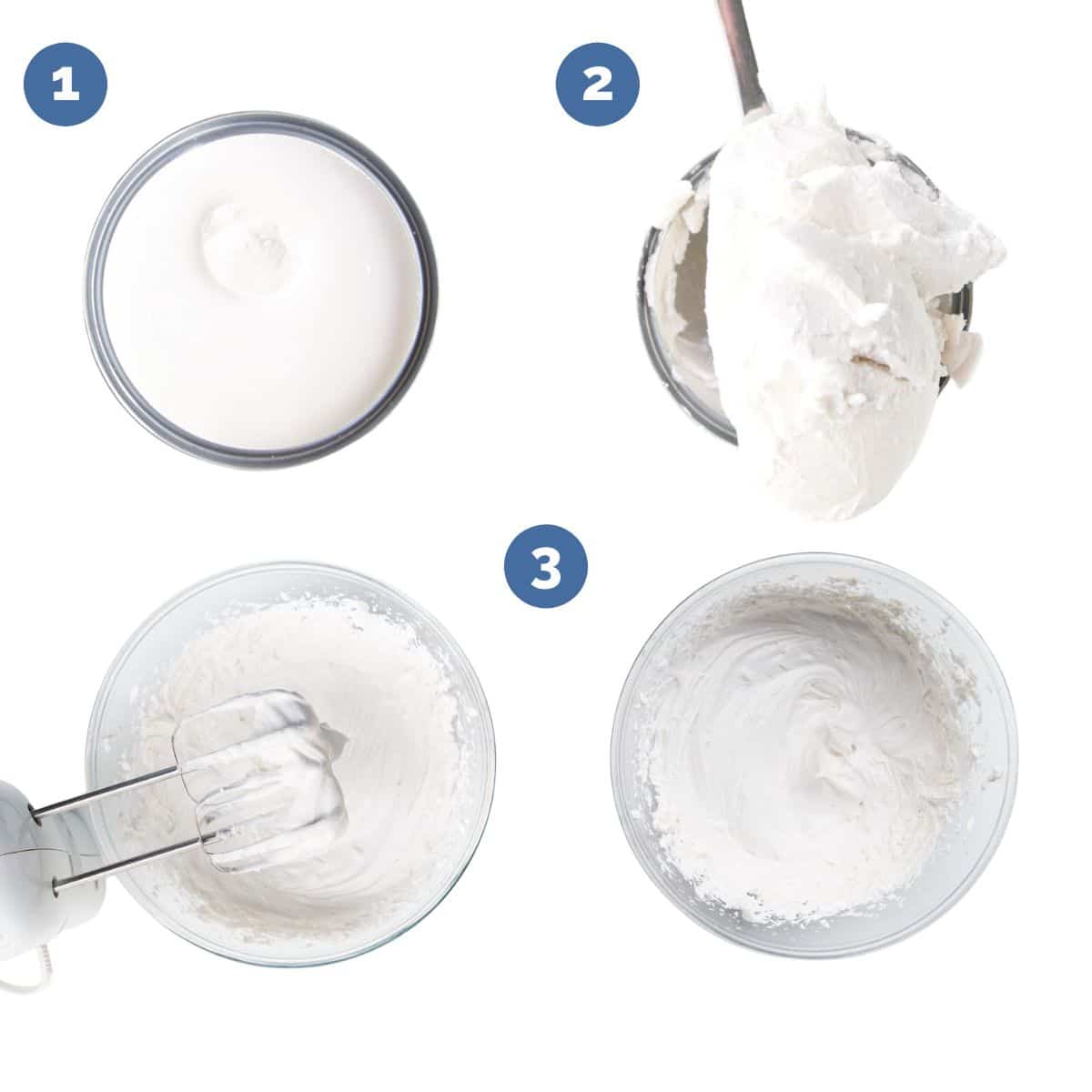 Collage of 4 Images Showing How to Make Whipped Coconut Cream. 1) Cocount Milk in Can after Refrigeration 2) Coconut Cream Scooped From Can 3) Coconut Cream Being Whipped 4)Coconut Cream Whipped in Bowl.