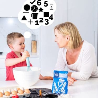 Child Cooking With Parent. Thought Bubble Coming from Child's Head Showing Mathematical Numerals, Shapes and Symbols