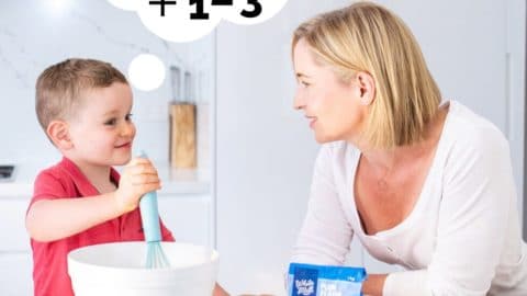 Child Cooking With Parent. Thought Bubble Coming from Child's Head Showing Mathematical Numerals, Shapes and Symbols