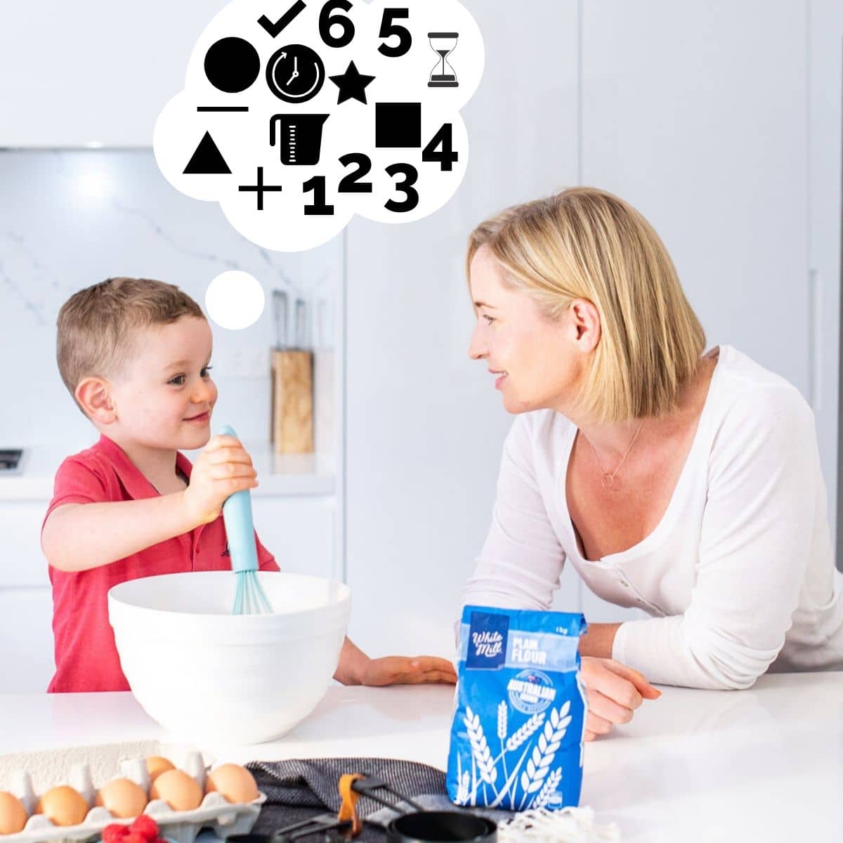 Developing Early Math Through Cooking Pic of Child Cooking with Parent with Thought Bubble Full of Maths Icons