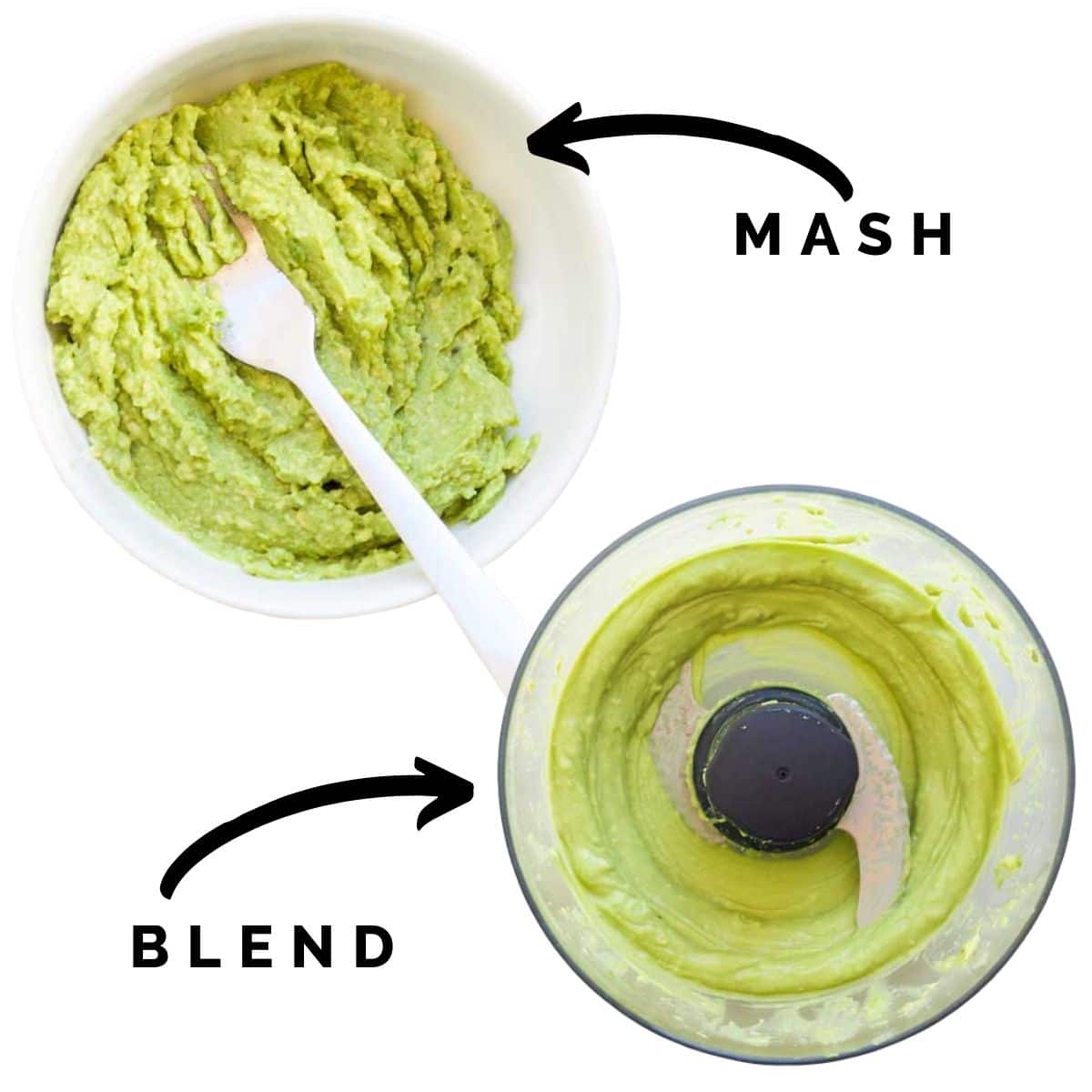 Avocado Puree Mashed in Bowl and Avocado Puree Blended in Food Processor