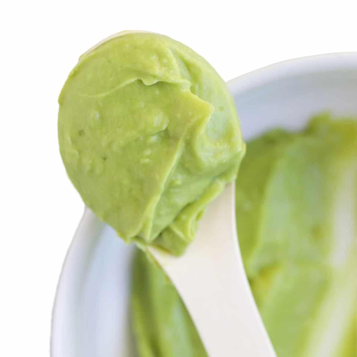 Close Up Shot of Avocado Puree on Baby Spoon