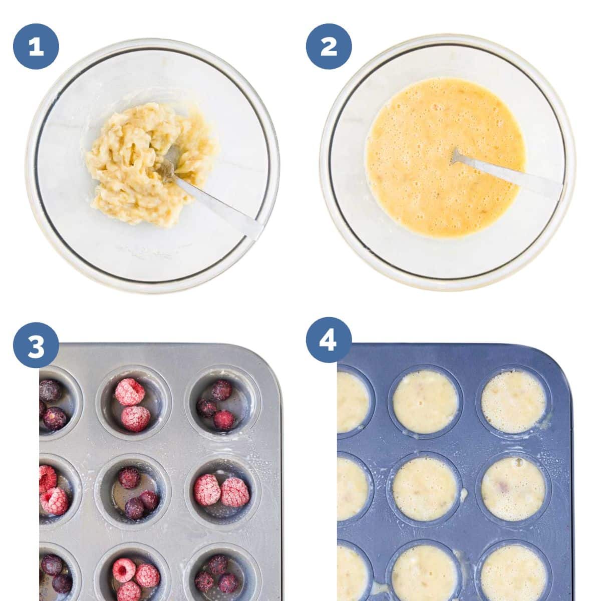 Collage of 4 Images Showing How to Make Banana Egg Muffins. 1. Banana Mashed in Bowl. 2. Banana and Egg Mixed Together 3. Frozen Berries in Bottom of Muffin Tray Sections 4. Muffin Tray Filled with Egg Mixture.