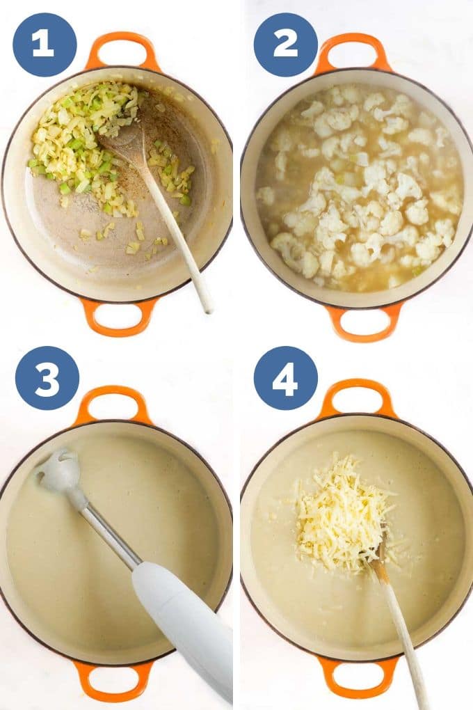 Collage of 4 Images Showing the Cooking Steps for Making Cauliflower Cheese Soup