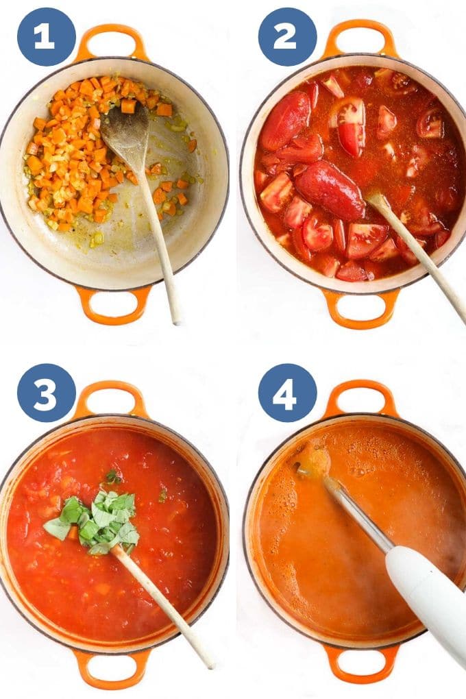 Collage of 4 Images Showing the Different Steps of Making Tomato Soup