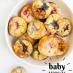 Pinterest Pin With Bowl of Banana Egg Muffins in the Centre and text overlay "Banana Egg Muffins 3 Ingredients" "Baby and Toddler Recipes".