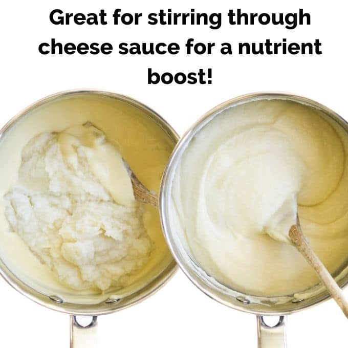 Image Showing Cauliflower Puree Being Added to Cheese Sauce.