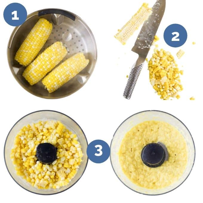 Images of the Three Process Steps to Make Corn Puree (Steam, remove corn, blend)