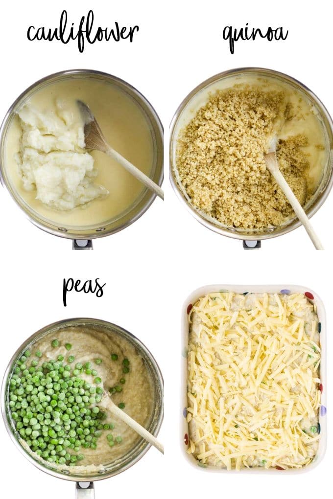 Collage of 4 Images Showing Process Steps on How to Make Cheesy Quinoa for Kids